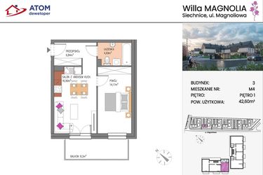 Rzut - Mieszkanie na sprzedaż 2 pokoje o powierzchni 42,6 m² - numer Bud.3-4 w Willa Magnolia