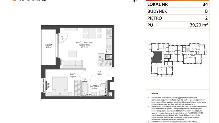 Rzut - Mieszkanie na sprzedaż 2 pokoje o powierzchni 39,2 m² - numer B.34 w Osiedle Warszawska etap III