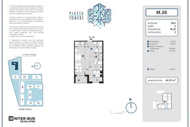 Rzut - Mieszkanie na sprzedaż 2 pokoje o powierzchni 46,25 m² - numer 26 w Piasta Towers bud. 90A