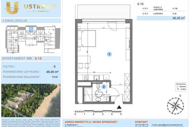 Rzut - Mieszkanie na sprzedaż 1 pokój o powierzchni 46,45 m² - numer 0.15 w Ustronie Luxury Apartments