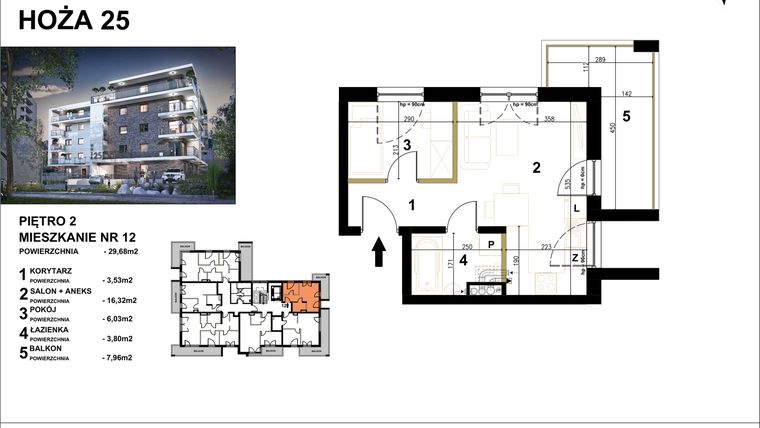 Rzut - Mieszkanie na sprzedaż 2 pokoje o powierzchni 29,68 m² - numer 12 w Hoża 25