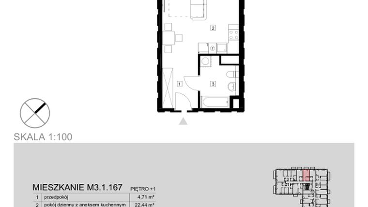 Rzut - Mieszkanie na sprzedaż 1 pokój o powierzchni 32,76 m² - numer M3.1.167 w Modern Helenów