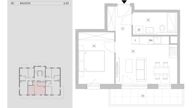 Rzut - Mieszkanie na sprzedaż 2 pokoje o powierzchni 37,18 m² - numer 88.1.04 w ATAL Bronowice