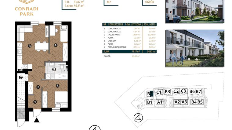 Rzut - Mieszkanie na sprzedaż 3 pokoje o powierzchni 56,91 m² - numer B2.M2 w Conradi Park
