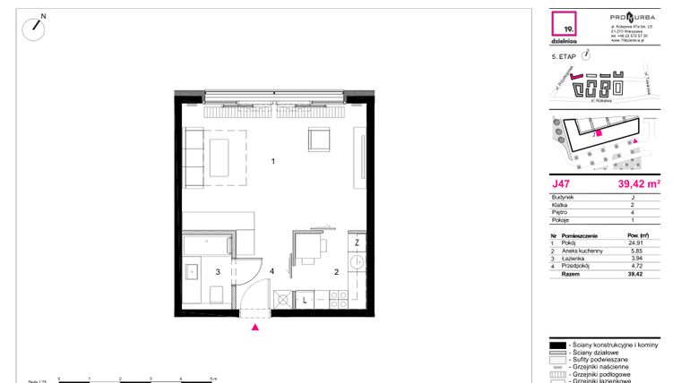 Rzut - Mieszkanie na sprzedaż 1 pokój o powierzchni 39,42 m² - numer J47 w 19. Dzielnica Etap V