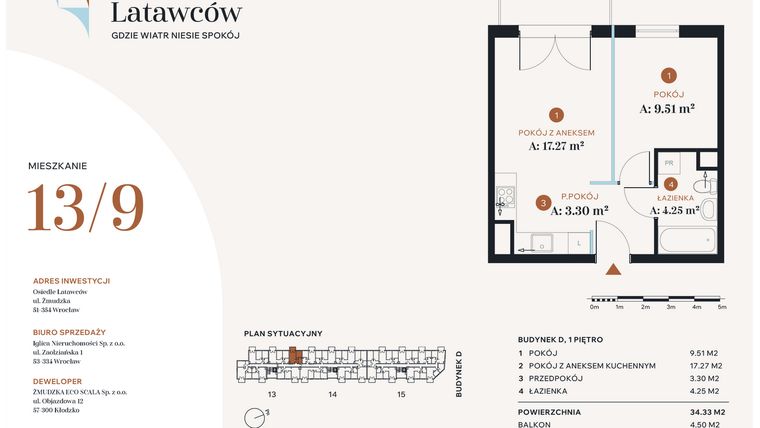 Rzut - Mieszkanie na sprzedaż 2 pokoje o powierzchni 34,33 m² - numer D13-9 w Osiedle Latawców