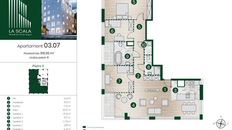Rzut - Mieszkanie na sprzedaż 4 pokoje o powierzchni 108,5 m² - numer 03.07 w La Scala