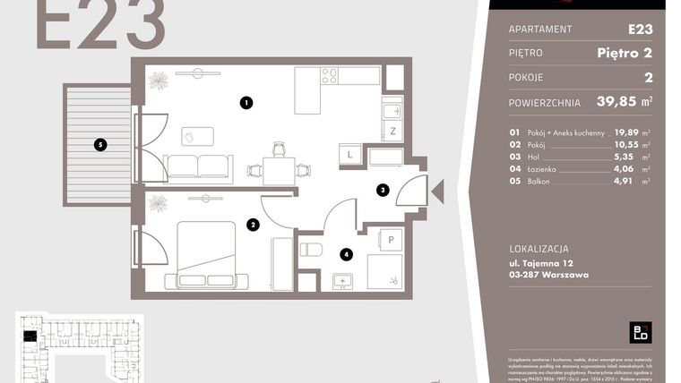 Rzut - Mieszkanie na sprzedaż 2 pokoje o powierzchni 39,85 m² - numer E23 w Livo