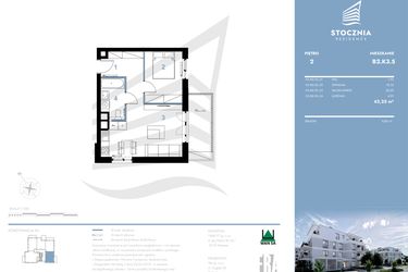 Rzut - Mieszkanie na sprzedaż 2 pokoje o powierzchni 43,25 m² - numer B2.K3.5 w Stocznia Residence
