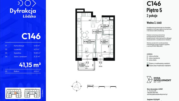 Rzut - Mieszkanie na sprzedaż 2 pokoje o powierzchni 41,15 m² - numer C146 w Dyfrakcja Łódzka - bud. CD