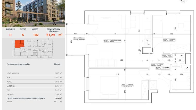 Rzut - Mieszkanie na sprzedaż 3 pokoje o powierzchni 61,29 m² - numer D.102 w Industria etap C i D