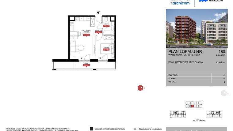 Rzut - Mieszkanie na sprzedaż 2 pokoje o powierzchni 42,64 m² - numer A.180 w Modern Mokotów etap 1 budynek A, B1 i B2