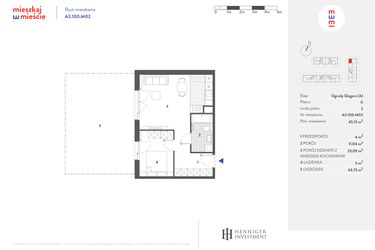 Rzut - Mieszkanie na sprzedaż 2 pokoje o powierzchni 44,83 m² - numer A3.100.M02 w Mieszkaj w mieście - Ogrody Glogera