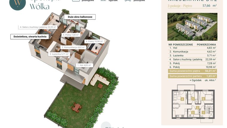 Rzut - Mieszkanie na sprzedaż 3 pokoje o powierzchni 57,66 m² - numer B1/2 w Spokojna Wólka etap IV