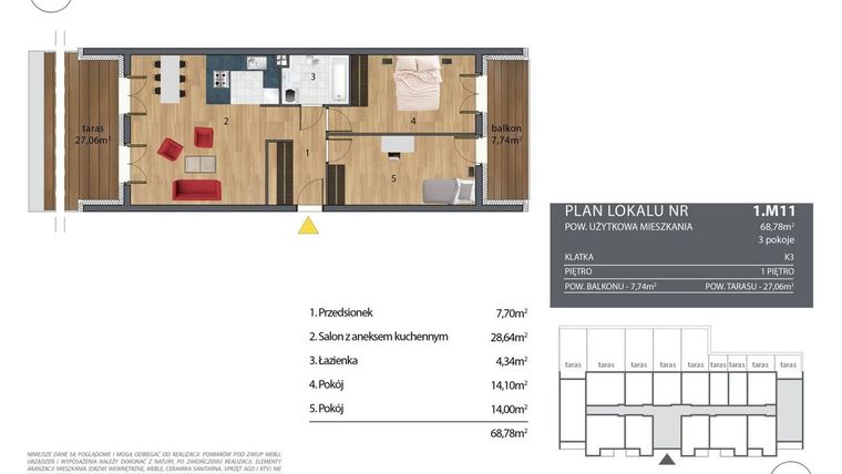 Rzut - Mieszkanie na sprzedaż 3 pokoje o powierzchni 69,59 m² - numer K3.1.M11 w Nyska Residence