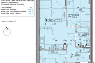 Rzut - Mieszkanie na sprzedaż 3 pokoje o powierzchni 54,95 m² - numer 80B w Osiedle Młodych etap VII
