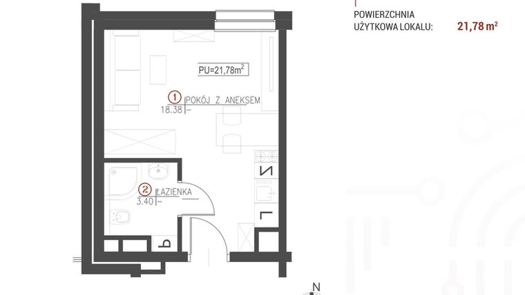 Rzut - Mieszkanie na sprzedaż 1 pokój o powierzchni 21,78 m² - numer 110 w Wróblewskiego 1