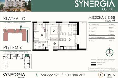Rzut - Mieszkanie na sprzedaż 3 pokoje o powierzchni 52,72 m² - numer M65 w SYNERGIA