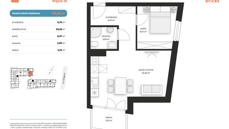 Rzut - Mieszkanie na sprzedaż 2 pokoje o powierzchni 38,63 m² - numer M III.3.1 w Glogera Bricks