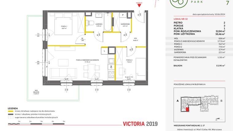 Rzut - Mieszkanie na sprzedaż 3 pokoje o powierzchni 52,04 m² - numer 32 w Olchowy Park VII