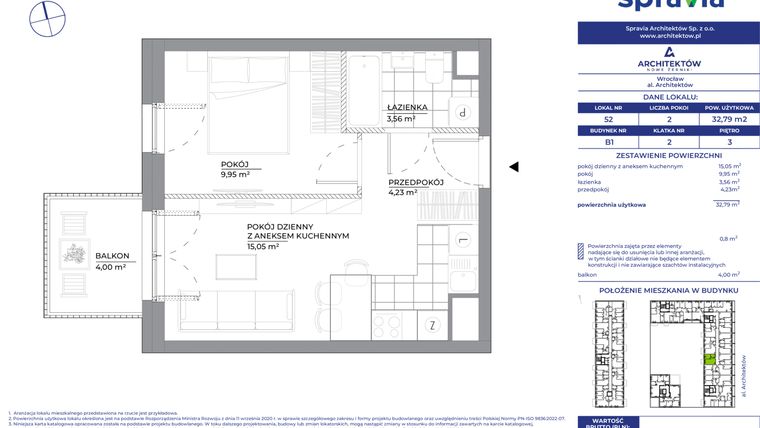 Rzut - Mieszkanie na sprzedaż 2 pokoje o powierzchni 32,79 m² - numer B1_52 w Architektów