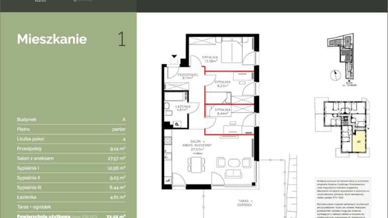 Rzut - Mieszkanie na sprzedaż 4 pokoje o powierzchni 71,55 m² - numer A1 w Stawowa Residence - etap V