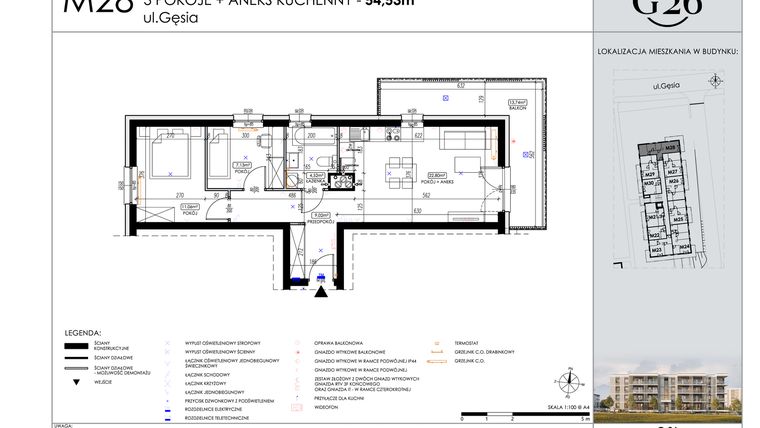 Rzut - Mieszkanie na sprzedaż 3 pokoje o powierzchni 54,53 m² - numer 28 w Gęsia 26