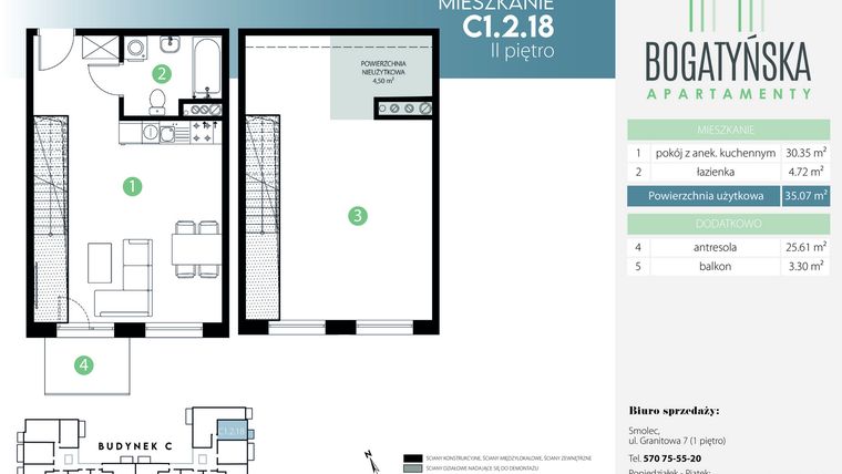 Rzut - Mieszkanie na sprzedaż 2 pokoje o powierzchni 65,18 m² - numer C1.2.18 w Bogatyńska Apartamenty etap 3