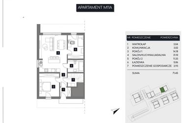 Rzut - Mieszkanie na sprzedaż 3 pokoje o powierzchni 71,45 m² - numer M11A w Rudava Park