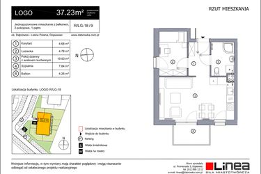 Rzut - Mieszkanie na sprzedaż 2 pokoje o powierzchni 37,23 m² - numer R_LG-18_9 w os. Dąbrówka – Leśna Polana