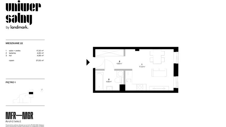 Rzut - Mieszkanie na sprzedaż 1 pokój o powierzchni 27,05 m² - numer 22 w Dom Uniwersalny