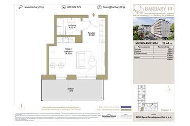 Rzut - Mieszkanie na sprzedaż 1 pokój o powierzchni 27,44 m² - numer M24 w Barbary 19