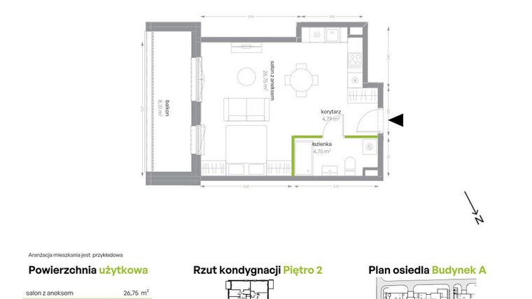 Rzut - Mieszkanie na sprzedaż 1 pokój o powierzchni 36,29 m² - numer A/2/44 w Sochaczewska Vita