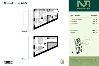 Rzut - Mieszkanie na sprzedaż 1 pokój o powierzchni 38 m² - numer POGO2/A/6D w Pogonowskiego 52