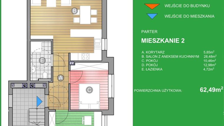 Rzut - Mieszkanie na sprzedaż 3 pokoje o powierzchni 62,49 m² - numer WN/2 w Osiedle Natura - Bud. WN i WM