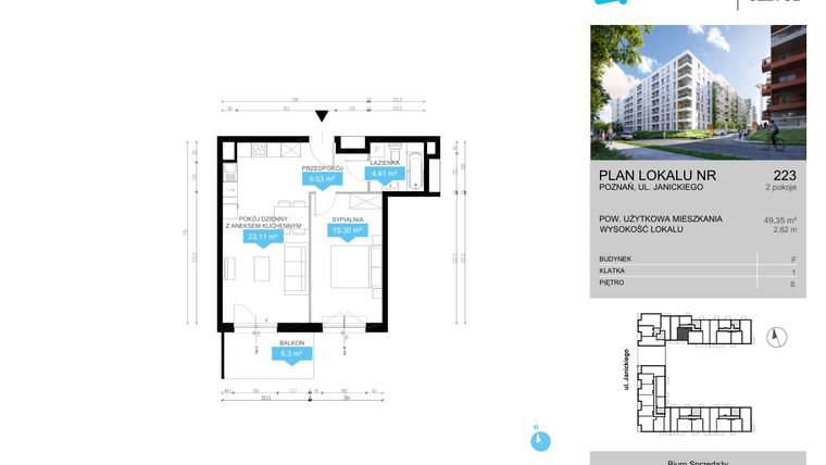 Rzut - Mieszkanie na sprzedaż 2 pokoje o powierzchni 49,35 m² - numer CDEF.223 w Wieża Jeżyce etap II