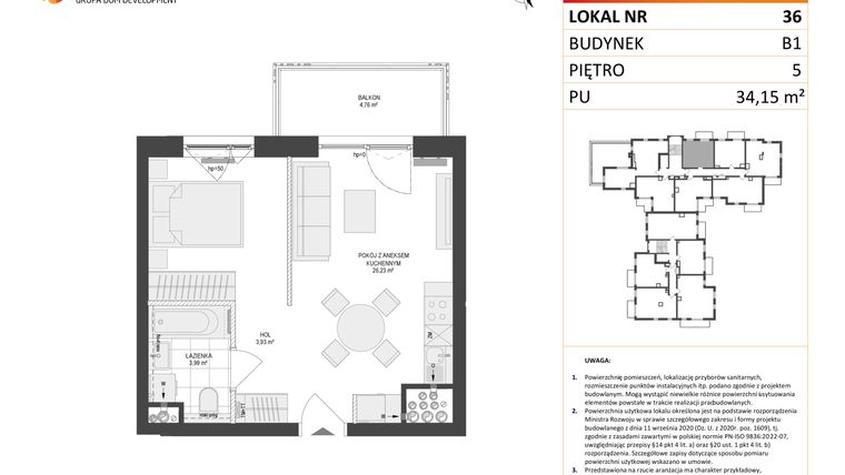 Rzut - Mieszkanie na sprzedaż 1 pokój o powierzchni 34,15 m² - numer 36 w Locus 2