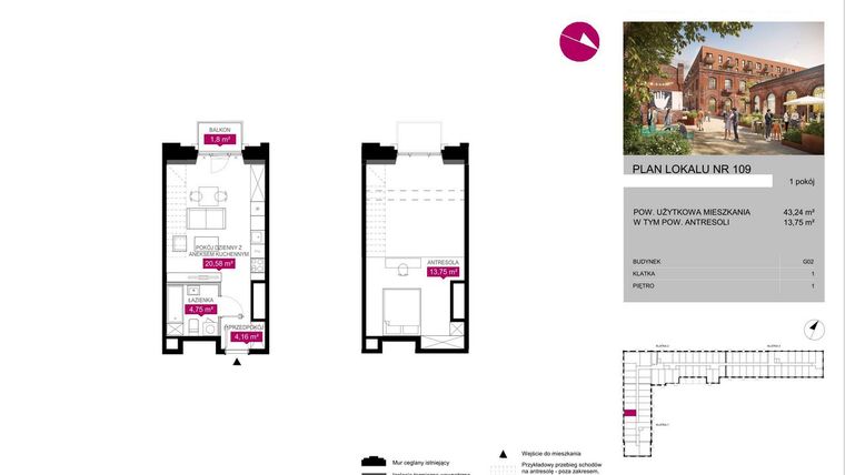 Rzut - Mieszkanie na sprzedaż 1 pokój o powierzchni 43,24 m² - numer G2.109 w Fuzja Lofty