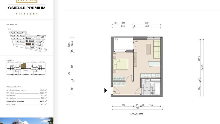 Rzut - Mieszkanie na sprzedaż 2 pokoje o powierzchni 41,1 m² - numer B1.36 w Osiedle Premium etap IV