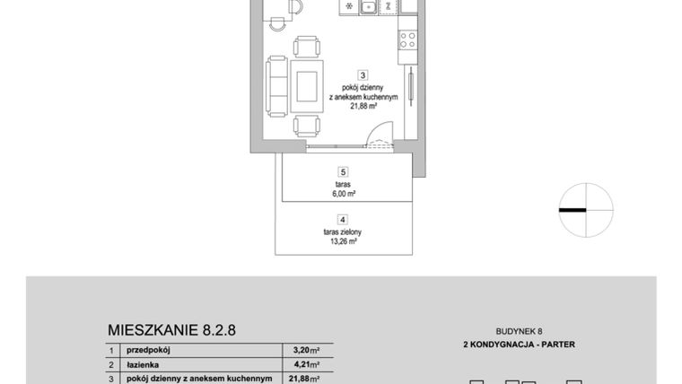 Rzut - Mieszkanie na sprzedaż 1 pokój o powierzchni 29,34 m² - numer 8.2.8 w Osiedle Przyjemne III