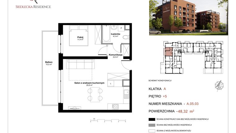 Rzut - Mieszkanie na sprzedaż 2 pokoje o powierzchni 48,9 m² - numer A-05-03 w Siedlecka Residence
