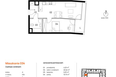 Rzut - Mieszkanie na sprzedaż 2 pokoje o powierzchni 45,71 m² - numer A.A034 w Miasto Polskich Mistrzów Olimpijskich II