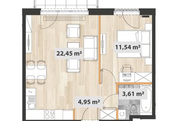 Rzut - Mieszkanie na sprzedaż 2 pokoje o powierzchni 43,33 m² - numer A.06.07 w Na Okrzei