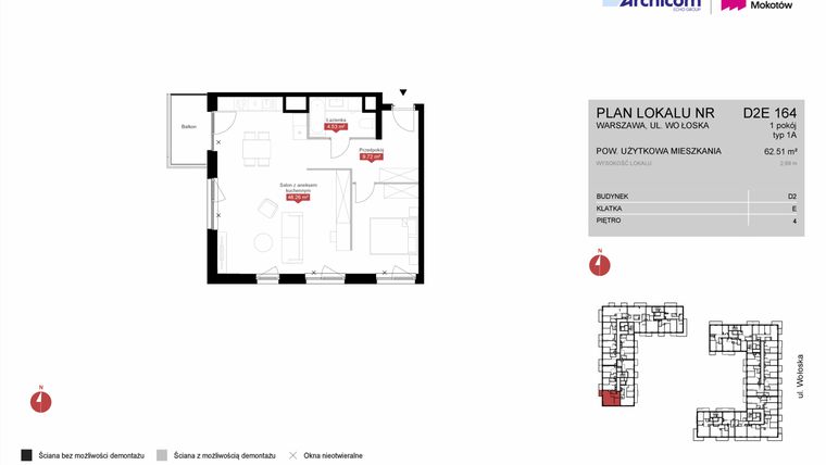 Rzut - Mieszkanie na sprzedaż 1 pokój o powierzchni 62,51 m² - numer D2E 164 w Modern Mokotów etap 4, budynek D1 i D2