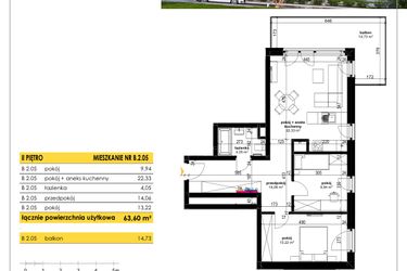 Rzut - Mieszkanie na sprzedaż 3 pokoje o powierzchni 63,6 m² - numer B 2.05 w Park Moniuszki II C