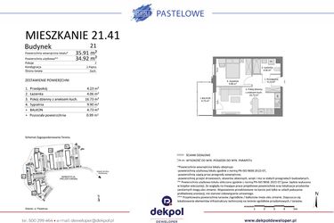 Rzut - Mieszkanie na sprzedaż 2 pokoje o powierzchni 34,92 m² - numer 21.41 w Osiedle Pastelowe etap IV