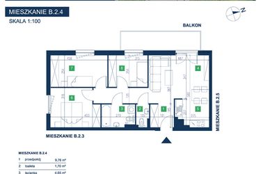 Rzut - Mieszkanie na sprzedaż 4 pokoje o powierzchni 69,4 m² - numer B.2.4 w EcoVista