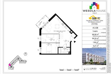 Rzut - Mieszkanie na sprzedaż 3 pokoje o powierzchni 64,24 m² - numer A.3.38 w Wesoła House Etap II