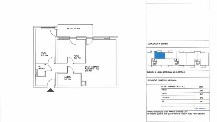 Rzut - Mieszkanie na sprzedaż 3 pokoje o powierzchni 69,89 m² - numer C.53 w Wólczańska 248