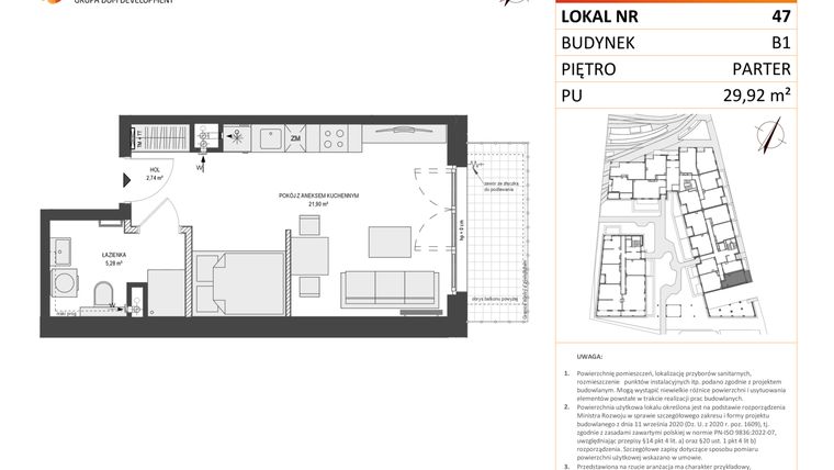 Rzut - Mieszkanie na sprzedaż 1 pokój o powierzchni 29,92 m² - numer B1.47 w Zajezdnia Motława